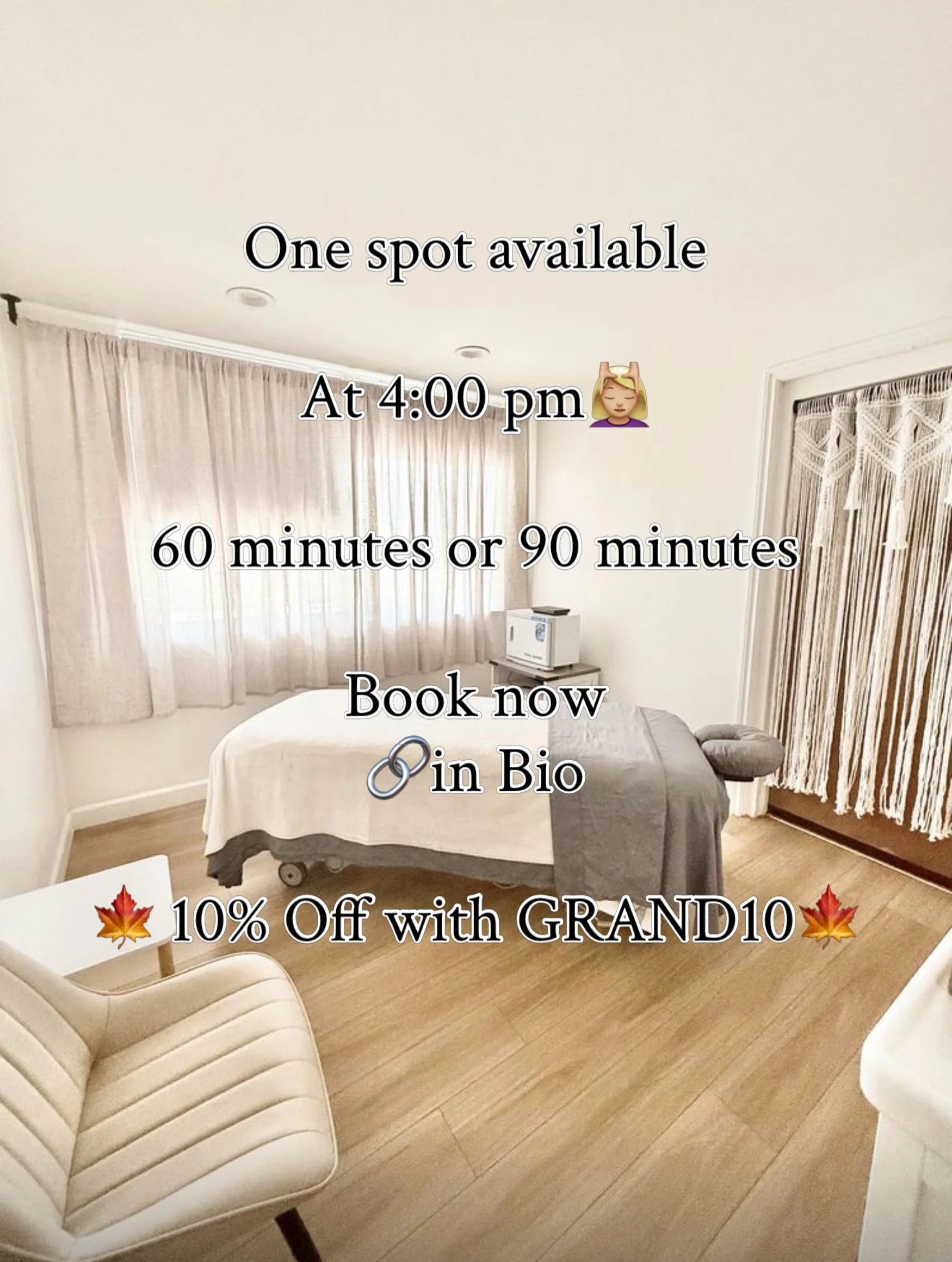 🍁🍁Fall special Offer🍁🍁

Use code GRAND10 for 10% off through 10/31/26. Also includes Hot Stones &amp; Aromatherapy.
We look forward to welcoming you.💆🏼&zwj;♀️

Book now 🔗 in bio.
💬 ☎️ 805-670-7791
📍Ventura 
#ventura #massagenearme #massage #
