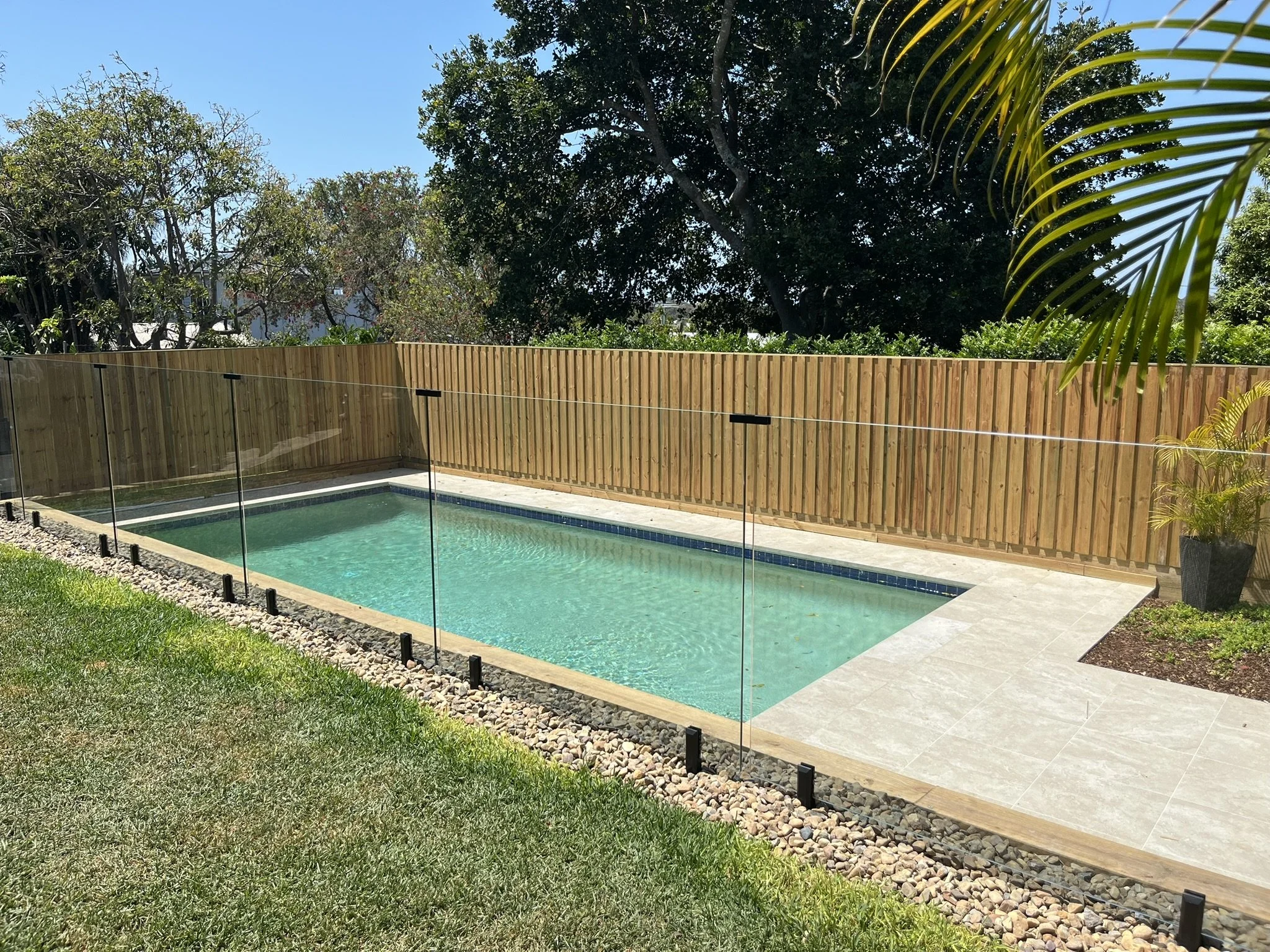 Backyard with a rectangular swimming pool, a wooden privacy fence, and various trees and plants surrounding the area.