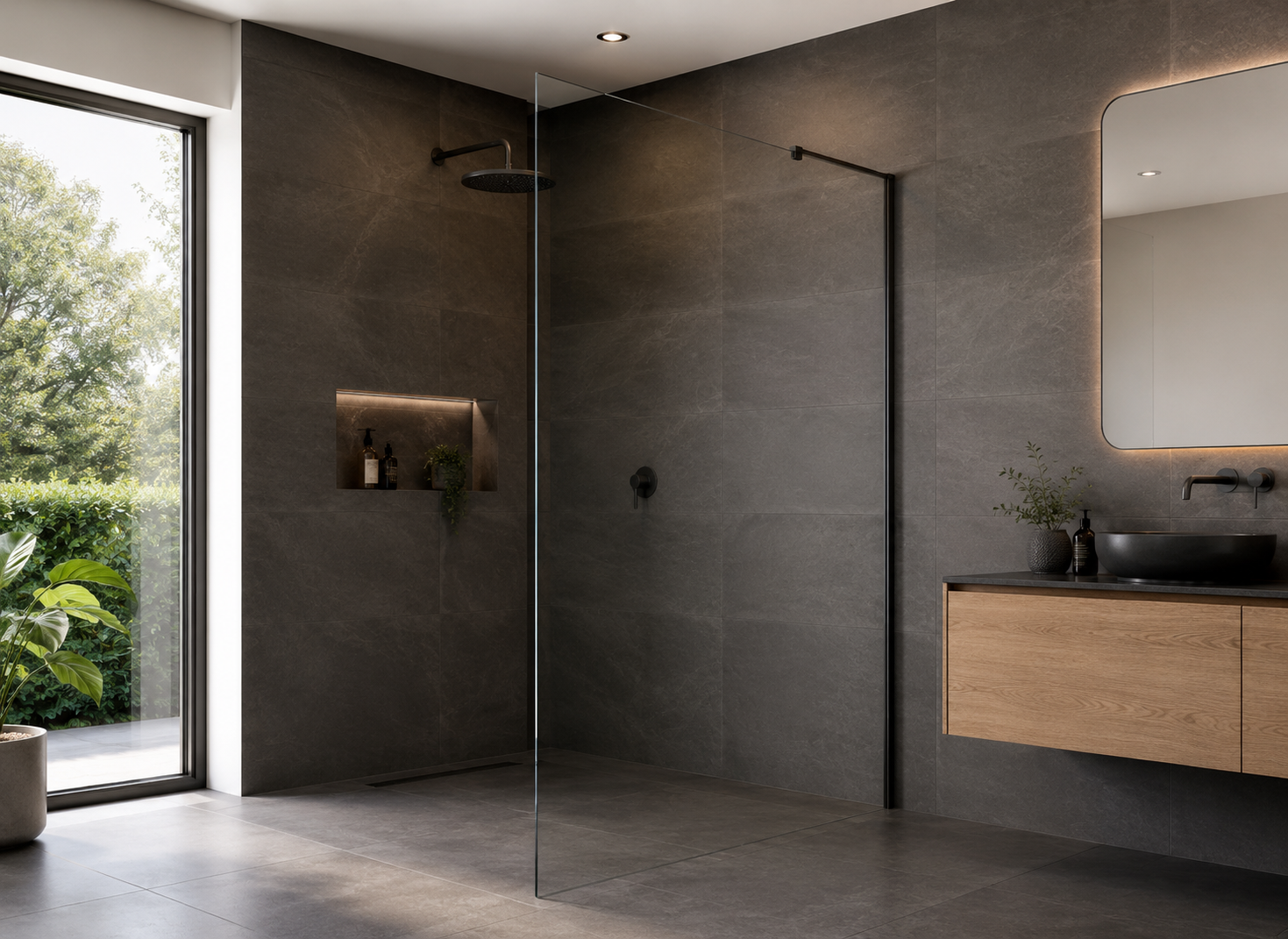 Modern bathroom with gray tiled walls and floors, a large glass shower enclosure with built-in shelf, black showerhead, and a wooden vanity with a black basin sink, mirror, and natural greenery in a black vase. Large window with greenery outside.