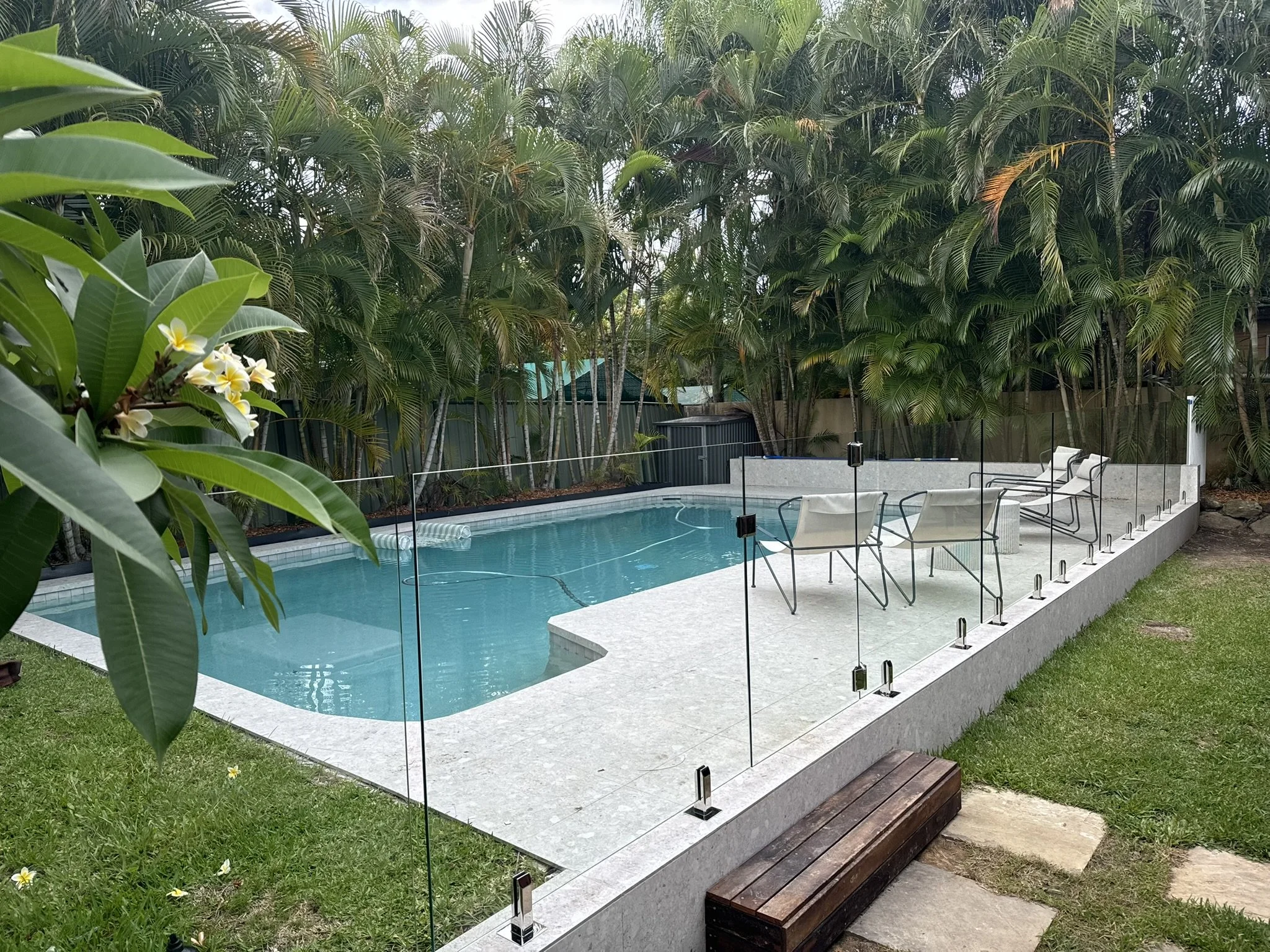 A backyard pool area surrounded by tall palm trees and lush greenery, with outdoor chairs and a lounge chair on a concrete deck, and a glass fence enclosing the pool.