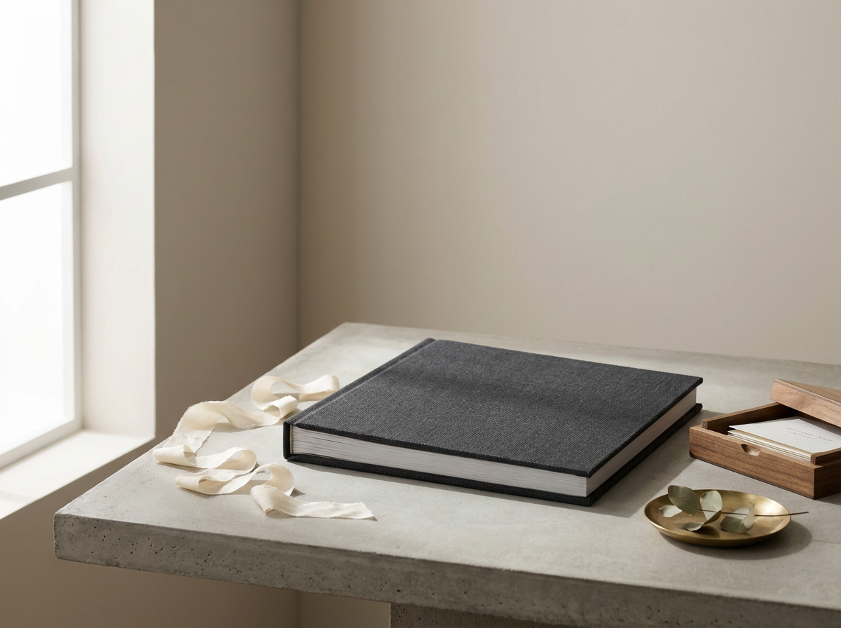 A closed gray book, a small wooden box with papers inside, a gold dish with eucalyptus leaves, and white ribbon on a concrete surface near a window.