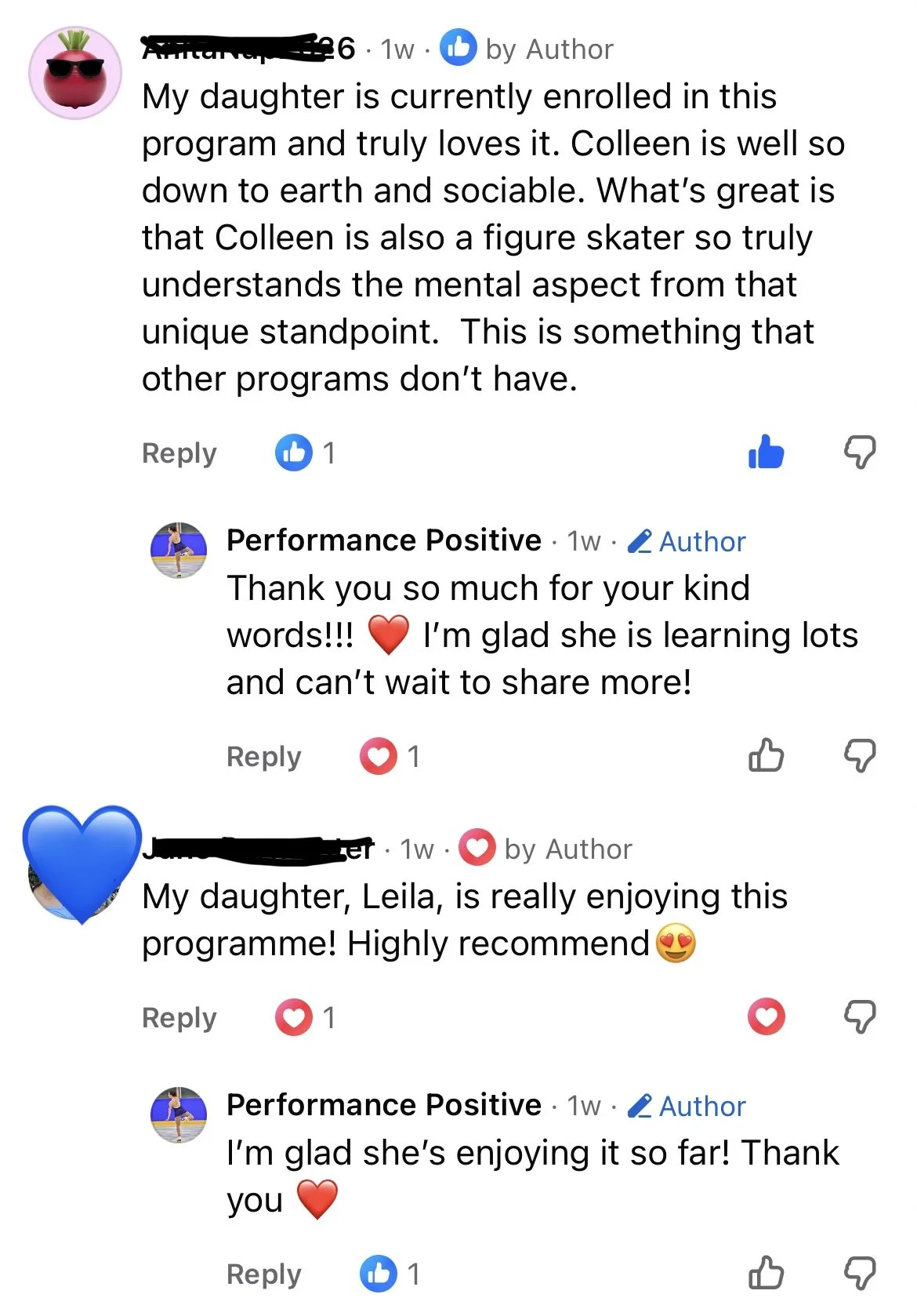 Screenshots of Facebook comments praising a daughter's participation in a program, with user icons, comments, and reactions.