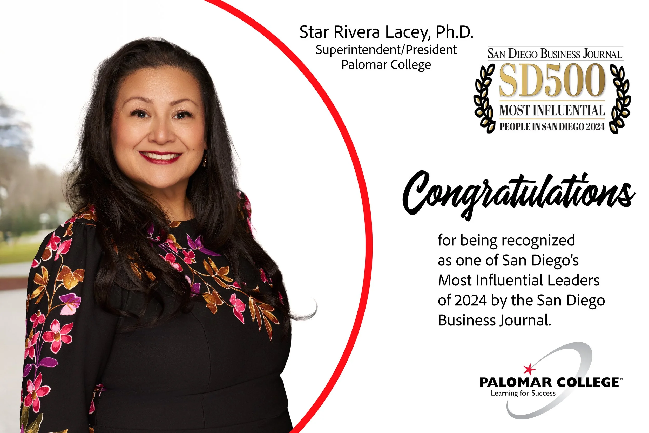 A woman with long dark hair and a floral-patterned dress smiling in front of a background with trees and sky. The image is part of an award or recognition certificate for Star Rivera Lacey, Ph.D., superintendent and president of Palomar College, reco