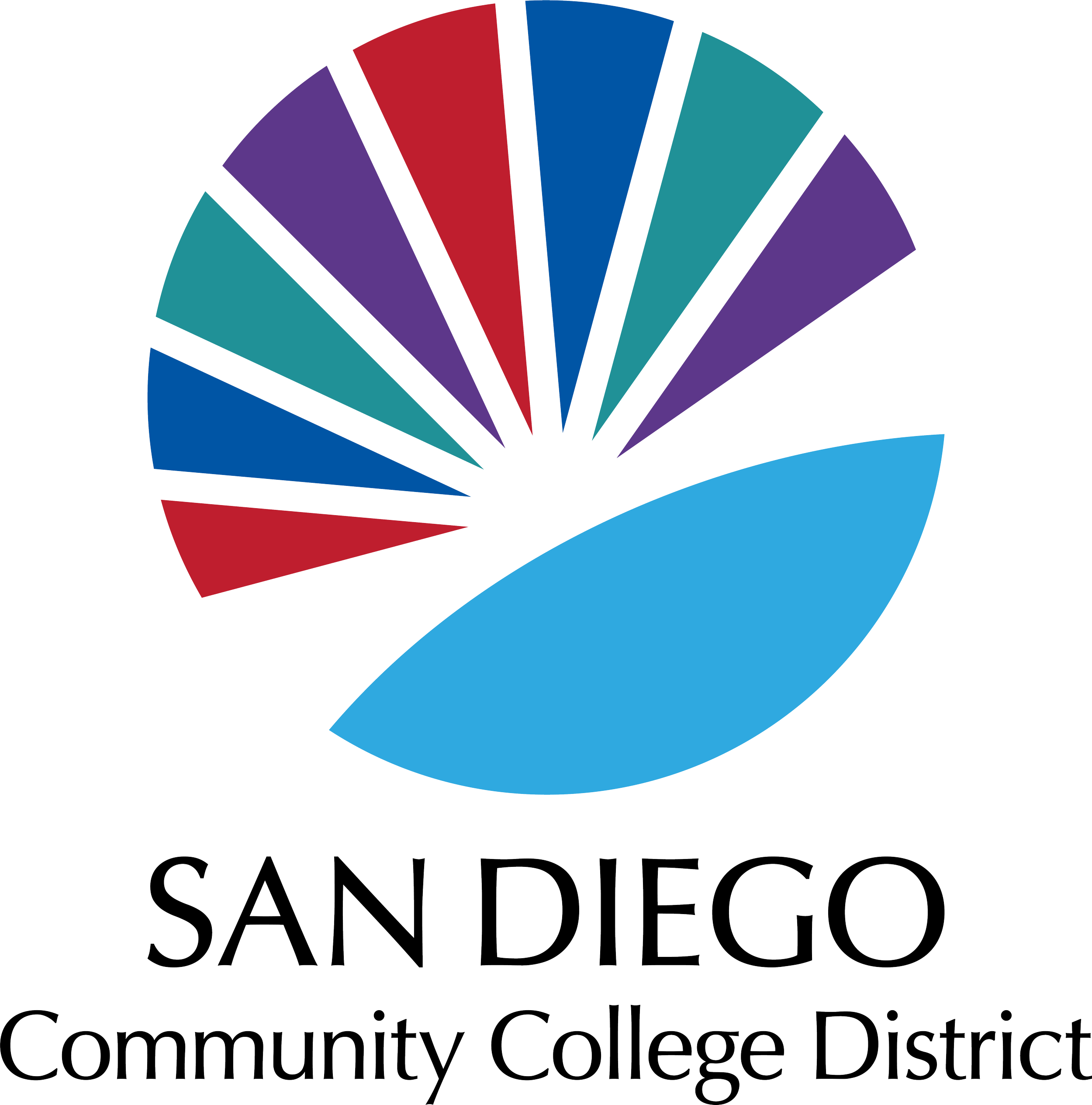 Logo of San Diego Community College District featuring a stylized fan or shell shape with red, blue, teal, and purple segments and white text.