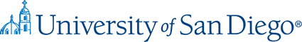 University of San Diego logo with blue text and a small icon of a cross and building.