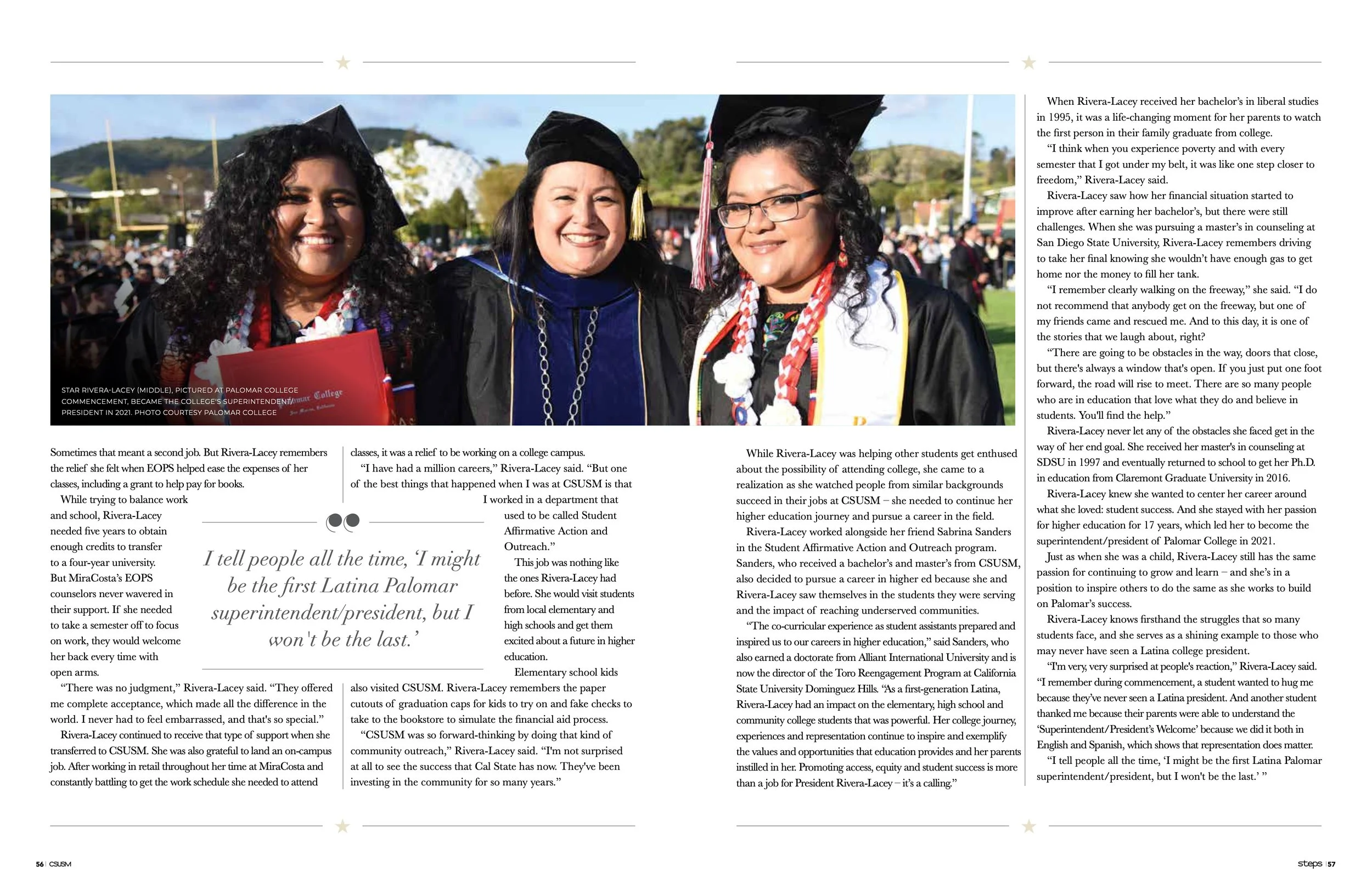 Three women in graduation caps and gowns smiling at a graduation ceremony outdoors with a crowd in the background.