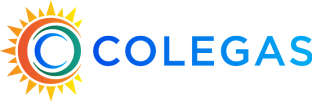 Colorful logo with the word 'Colegas' and a stylized sun design.