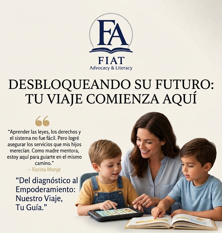 Promotional poster for FIAT Advocacy & Literacy program featuring a woman and two young boys reading together, with text in Spanish.