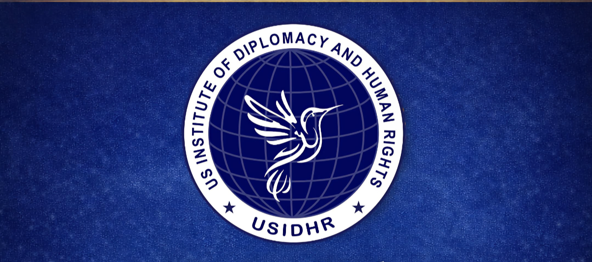 US Institute of Diplomacy and Human Rights logo on a blue background with a globe and flying bird symbol.