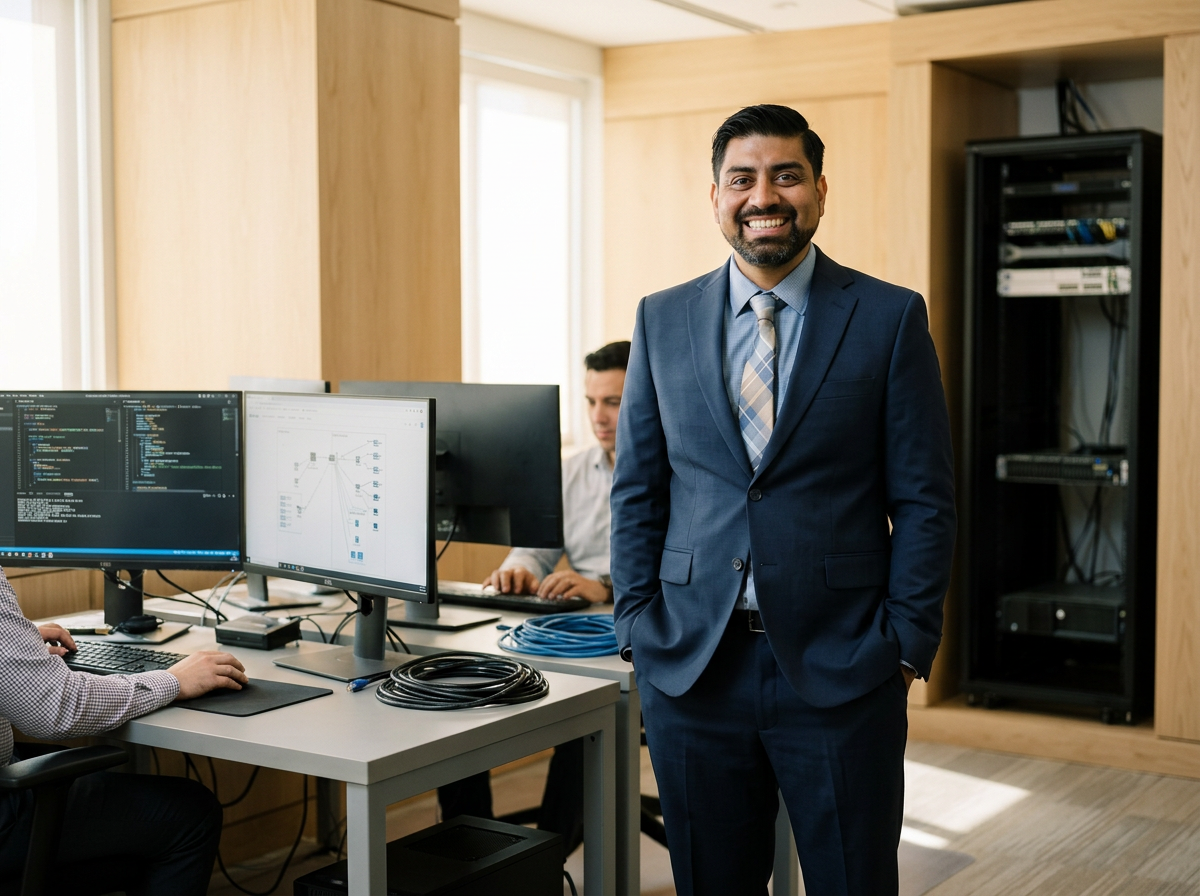 Man in business suit smiling in an office with computer monitors and colleagues working in the background.