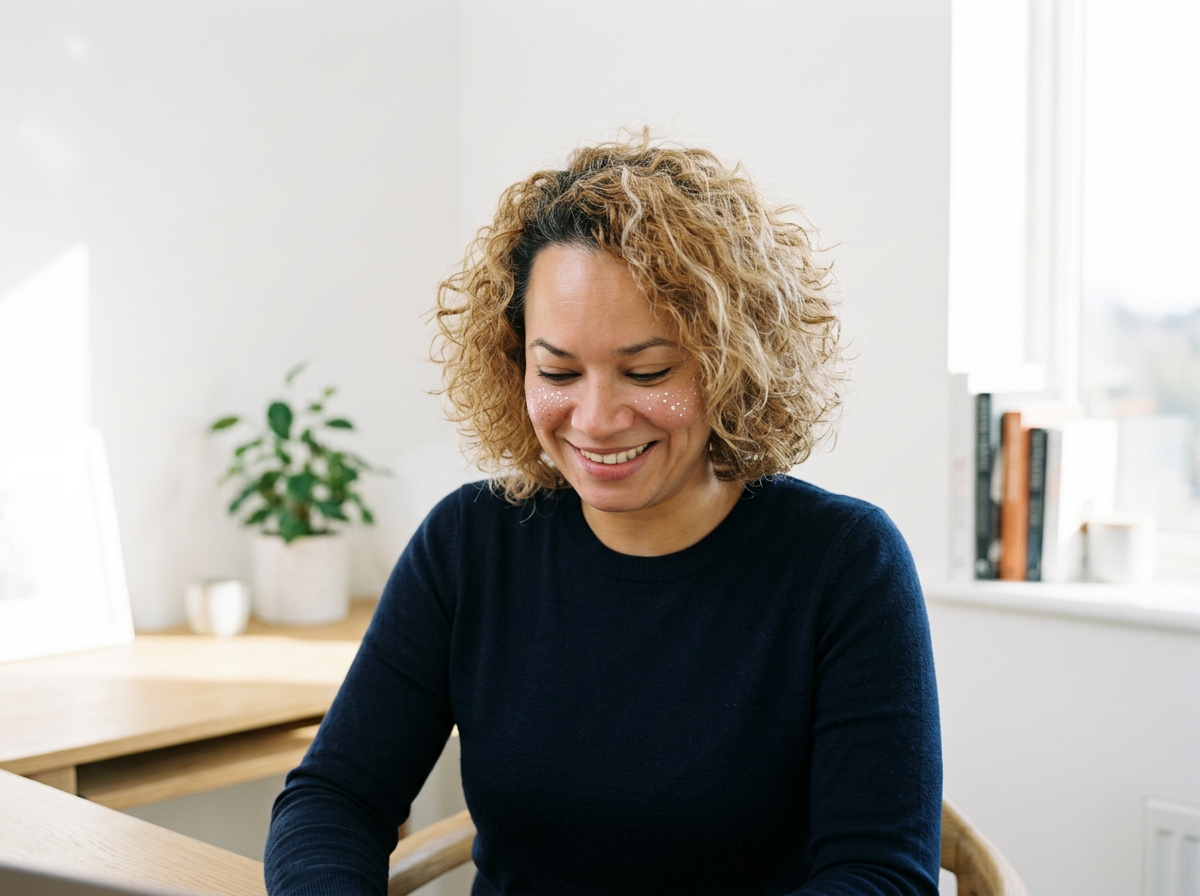 A woman with curly blonde hair and face glitter, smiling while sitting at a desk in a bright room.