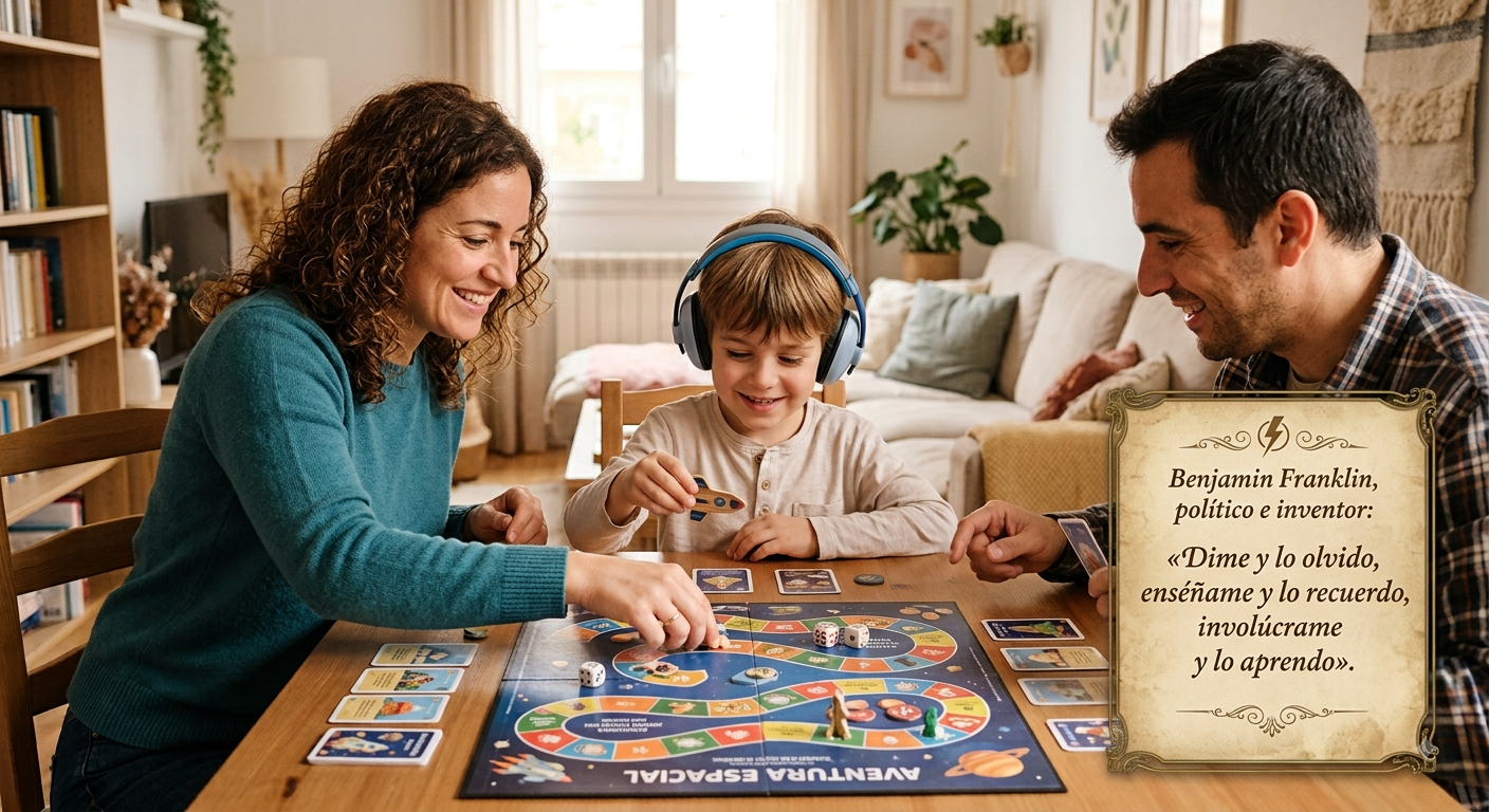 A family of three playing board game at a wooden table in a well-lit living room, smiling and engaging with each other.