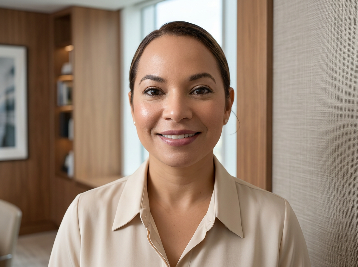 A woman smiling indoors with a background of wooden paneling and a window.
