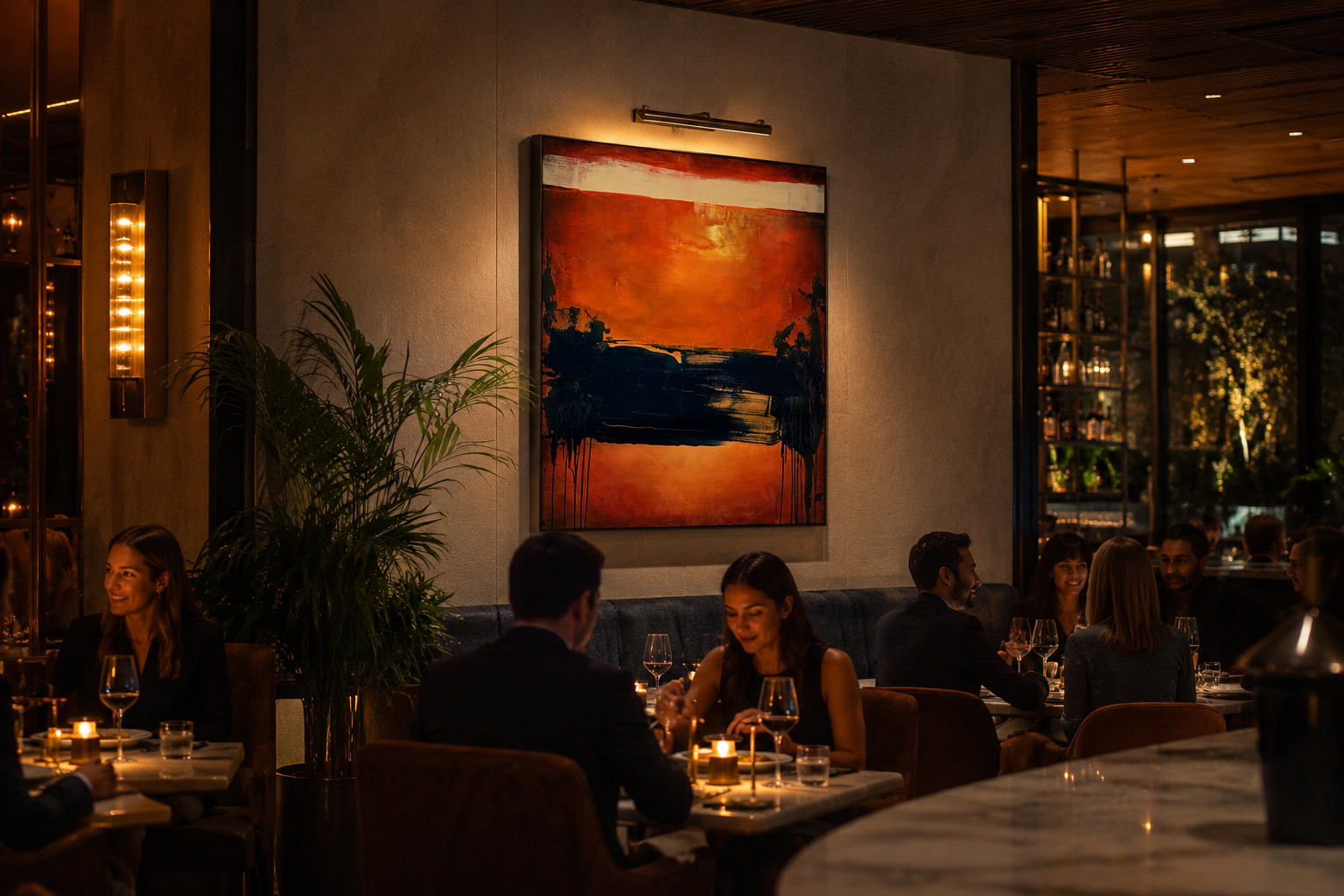 A lively restaurant interior with patrons enjoying dinner, warm lighting, a large abstract sunset painting on the wall, and a bar area in the background.