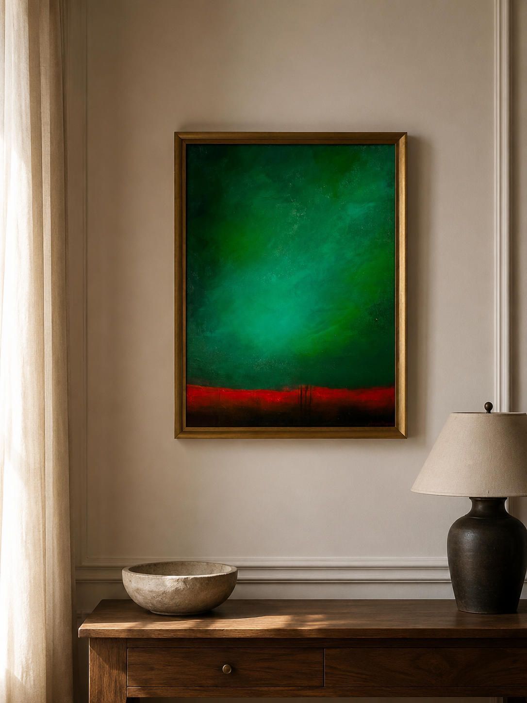 Green and red abstract painting by Andrijana Kuzmanovic displayed in a contemporary interior.