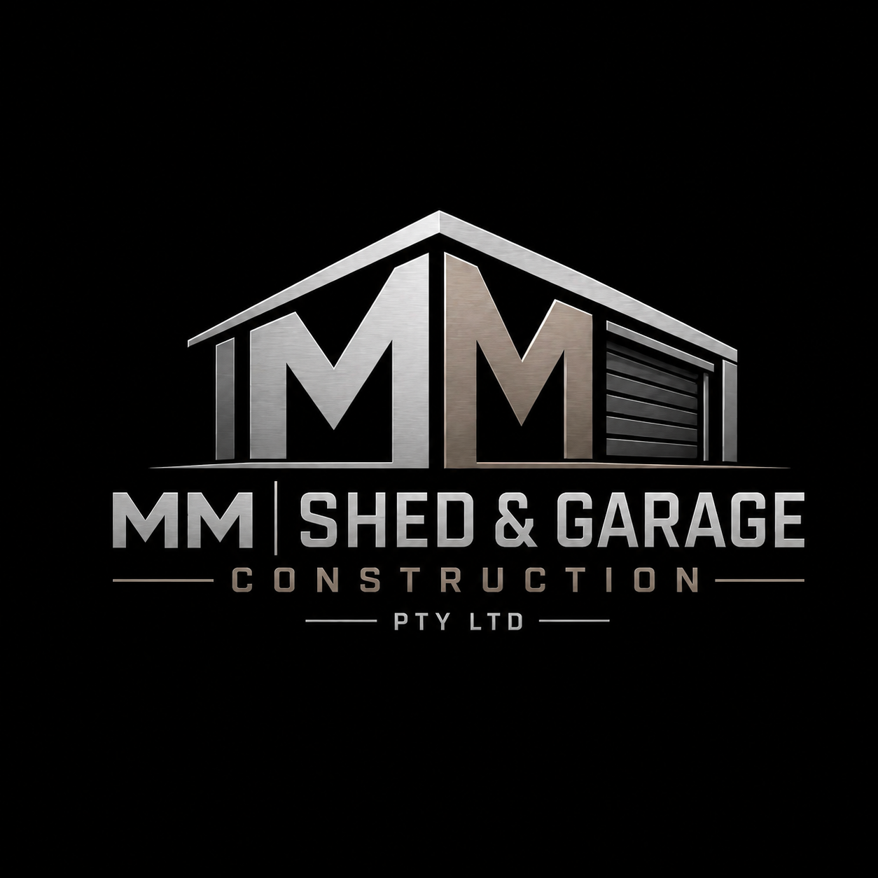 Black background logo for MM Shed & Garage Construction PTY LTD featuring a stylized shed with the letters MM.