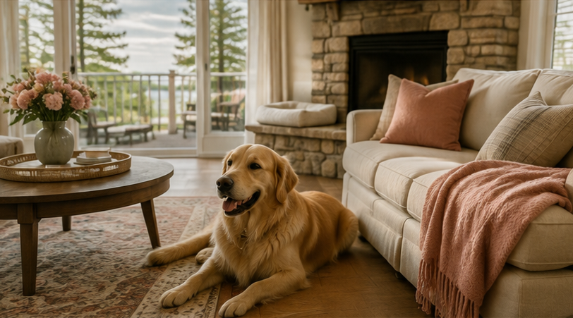 A living room with a Golden retriever lying on a rug in front of a beige sofa, which has pink and cream pillows and a pink throw blanket. There is a round wooden coffee table with a vase of pink flowers in front of a large window that opens onto a balcony with outdoor furniture. A brick fireplace is in the background.