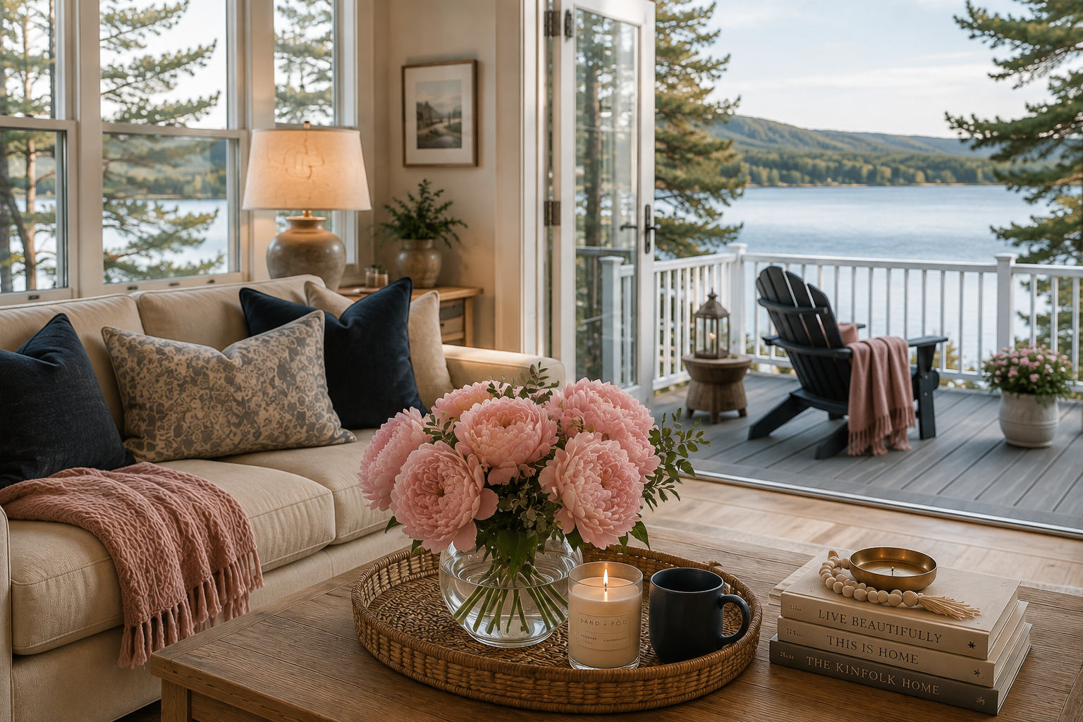 Living room with a beige couch, decorated with dark and patterned pillows, pink throw blanket, lamp, and framed artwork. In front is a coffee table with a bouquet of pink flowers, a candle, a black mug, and books. Outdoors, a deck with a black chair, a pink throw, lantern, and potted plant overlooking a lake and trees.