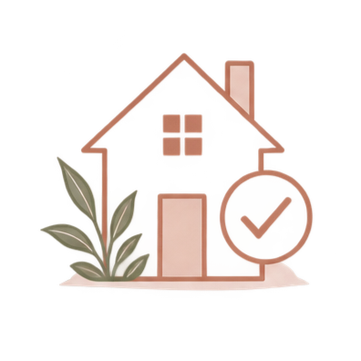 Illustration of a house with a plant and a checkmark.