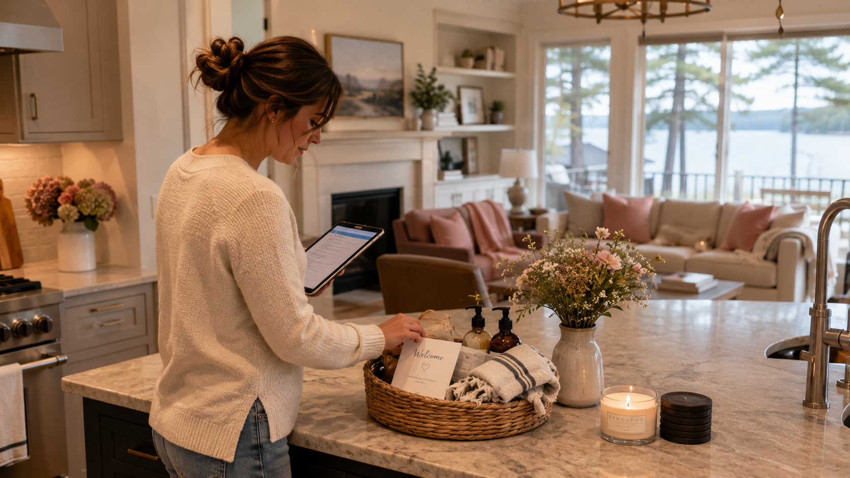 A woman in a cream sweater is in a cozy, well-lit kitchen and living room area, looking at her tablet. The kitchen island has a basket with a welcome card, soap dispensers, and towels. The background shows a living room with a large window overlooking a lake, with couches, pillows, a coffee table, and a vase of flowers on the island.