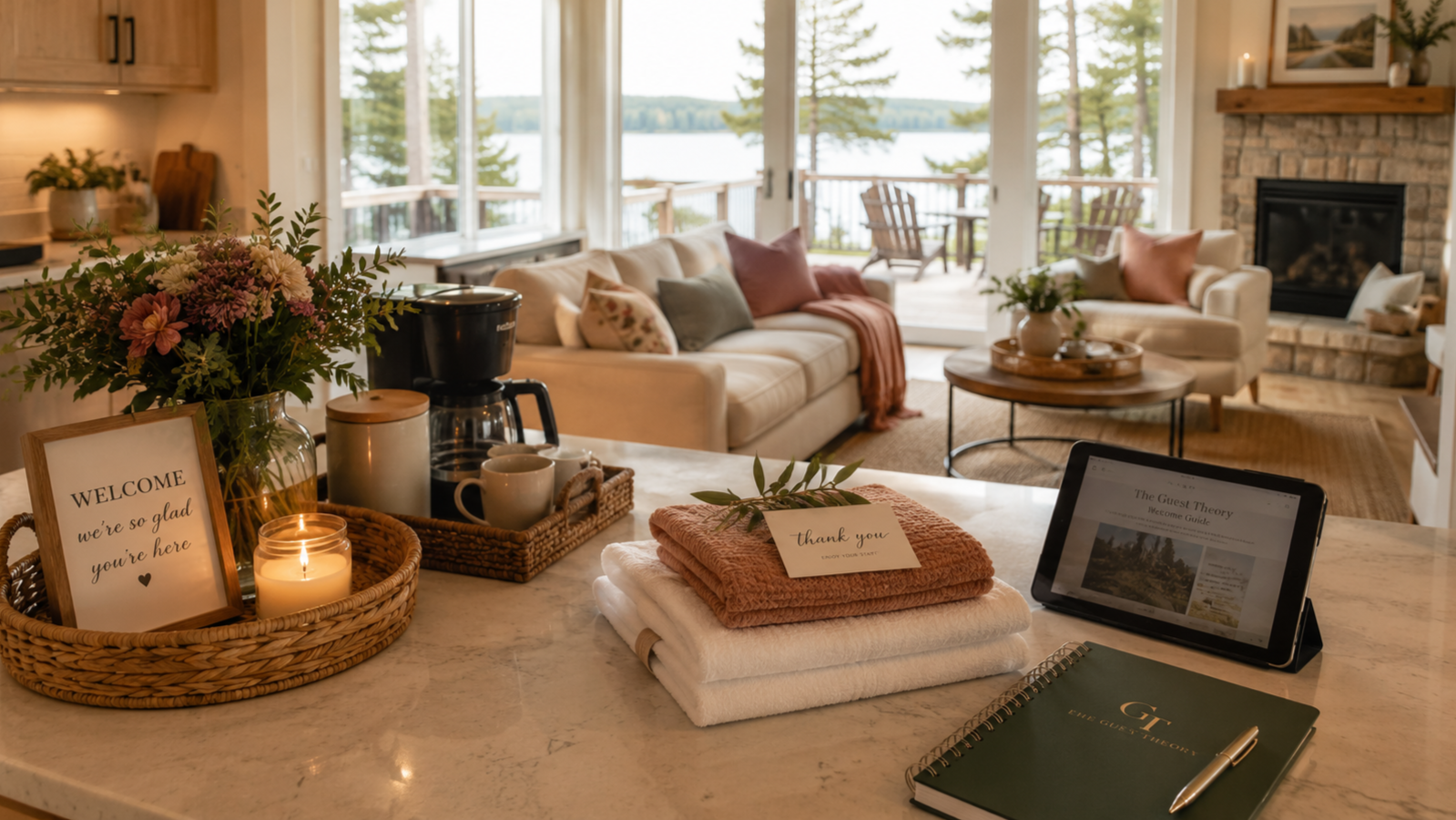 Cozy living room with large windows overlooking a lake and trees, decorated with cushions, a fireplace, and wooden furniture. On the kitchen counter, there are flowers, a coffee maker, towels, a tablet, a notebook, and signs with welcoming messages.