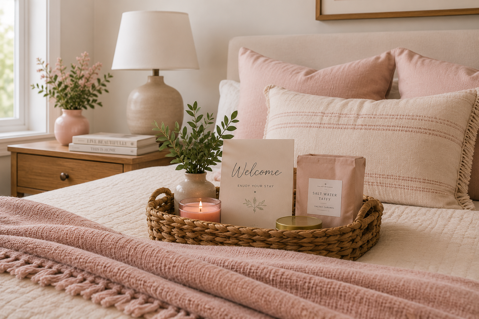 A cozy bedroom with pink and cream bedding, a wicker tray with a candle, plants, and welcome sign, a side table with a lamp, and a window with greenery outside.