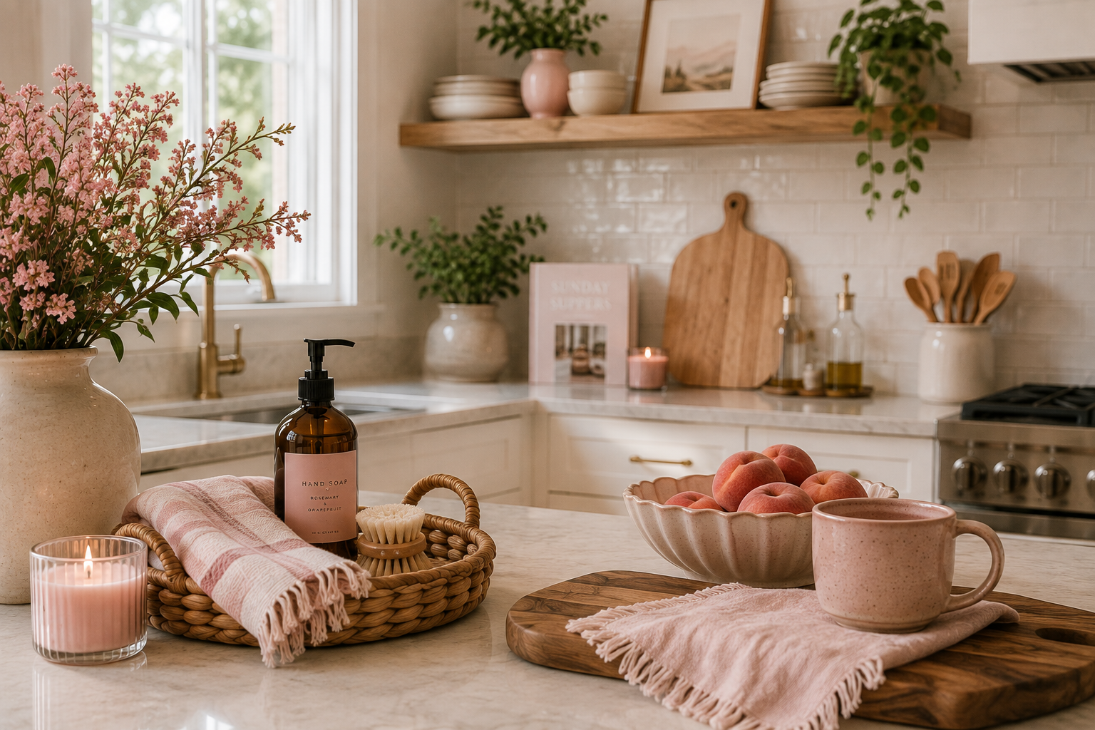 A cozy kitchen with pink accents, a vase of pink flowers, a soap dispenser, a bowl of peaches, a mug on a cutting board, lit candle, and various kitchen decor including dishes, plants, and wooden utensils.