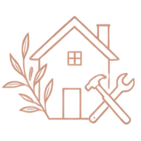 A line drawing of a house with a gable roof, a chimney, and a window. There are decorative leaves and a hammer crossed over the house, indicating construction or repair.