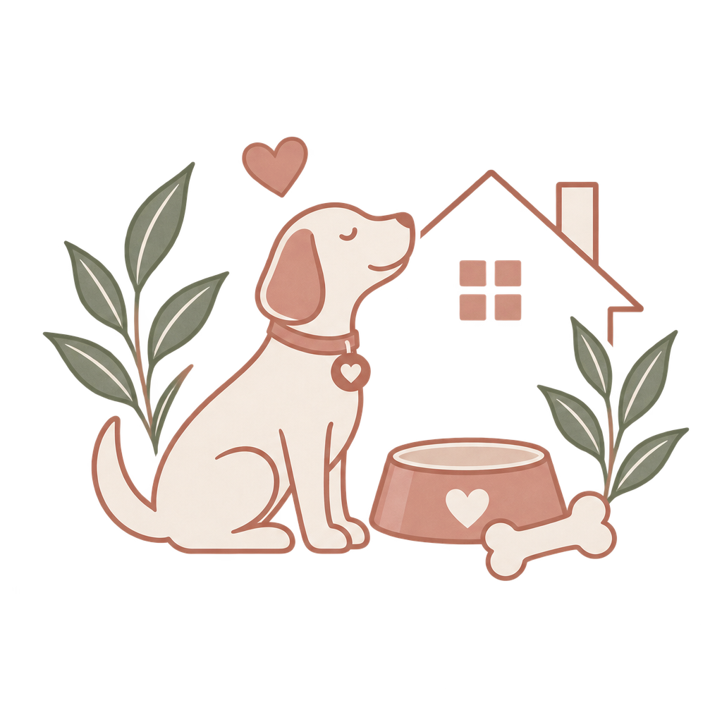 Illustration of a happy dog with a collar and a heart tag, sitting next to a food bowl with a bone beside it, with a house, plants, and a heart above