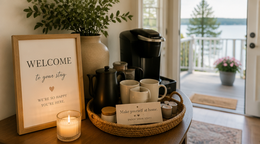 Coffee station with welcome sign, candles, mugs, and Keurig coffee machine in a cozy home. Outdoor deck with potted flowers and view of water.