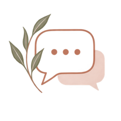Two speech bubbles, one dark with three dots and one light, with a branch of leaves next to them.