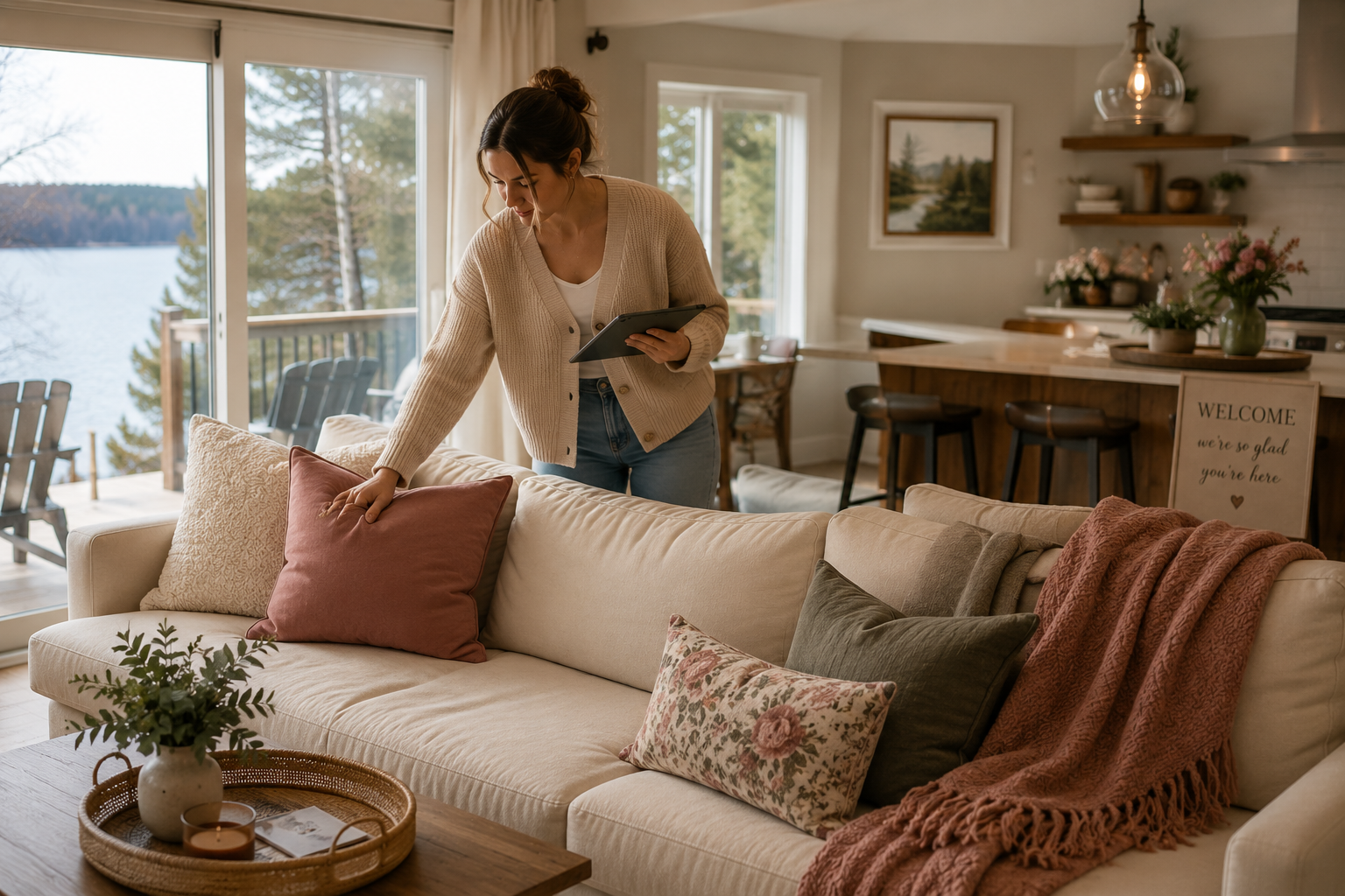 A woman arranging pillows on a cream-colored sofa in a living room with large windows showing a lake and trees outside.