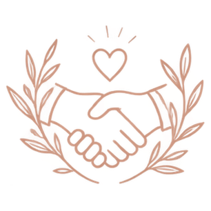 A hand-drawn illustration of two hands forming a heart shape, surrounded by a laurel wreath, with a heart and a crown above. The drawing uses soft pastel colors.