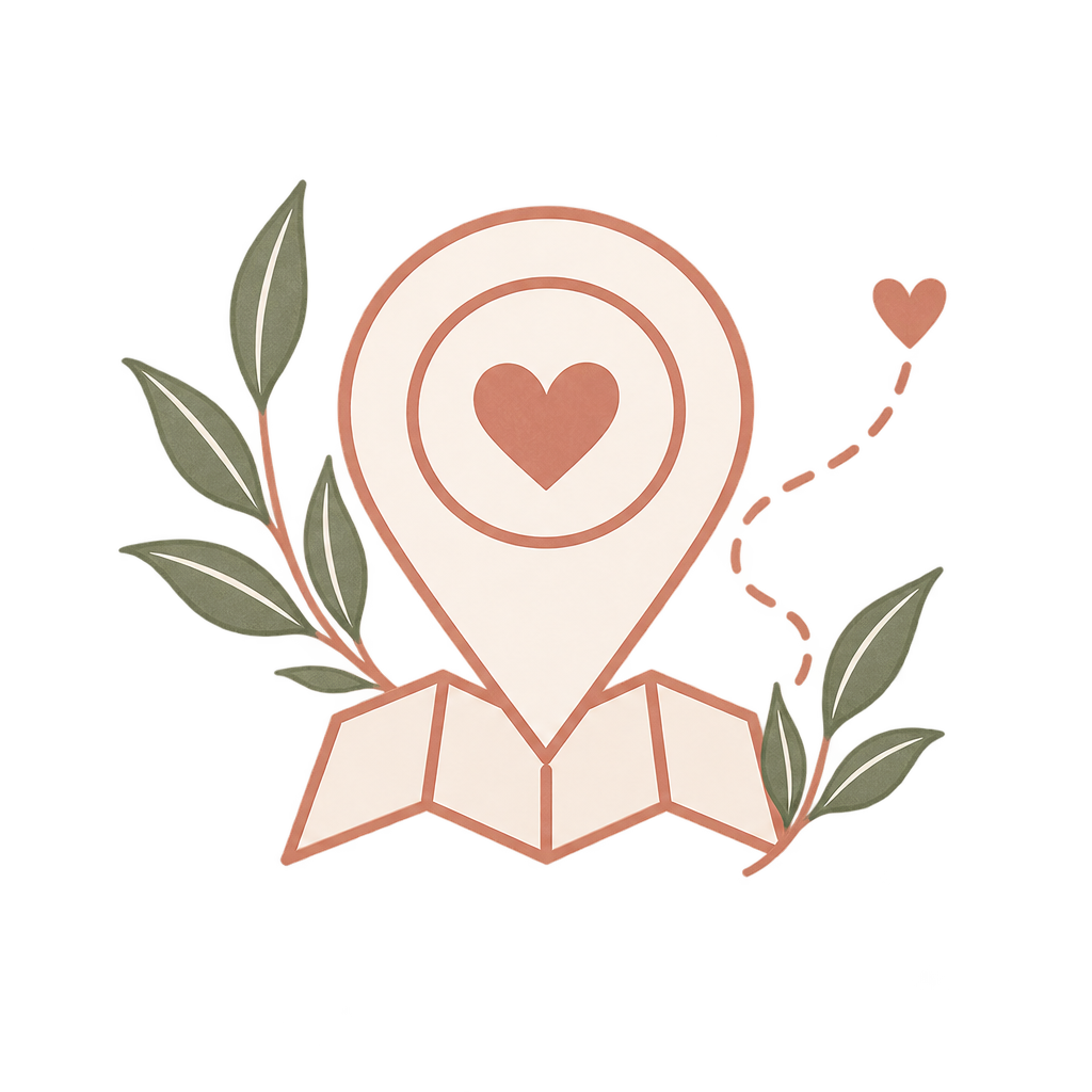 Stylized map marker with a heart inside, surrounded by green leaves, and a dashed line leading to a smaller heart.
