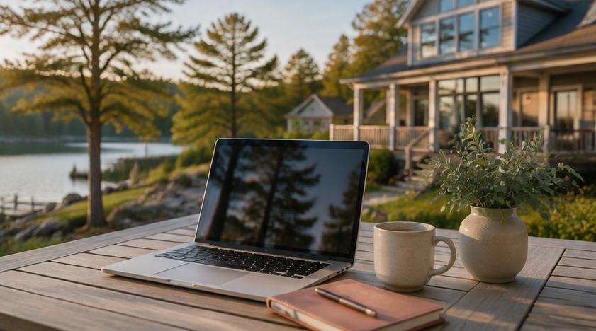 A laptop, mug, plant in a vase, and notebook with a pen on a wooden table outdoors near a lake, with houses and trees in the background during sunset.