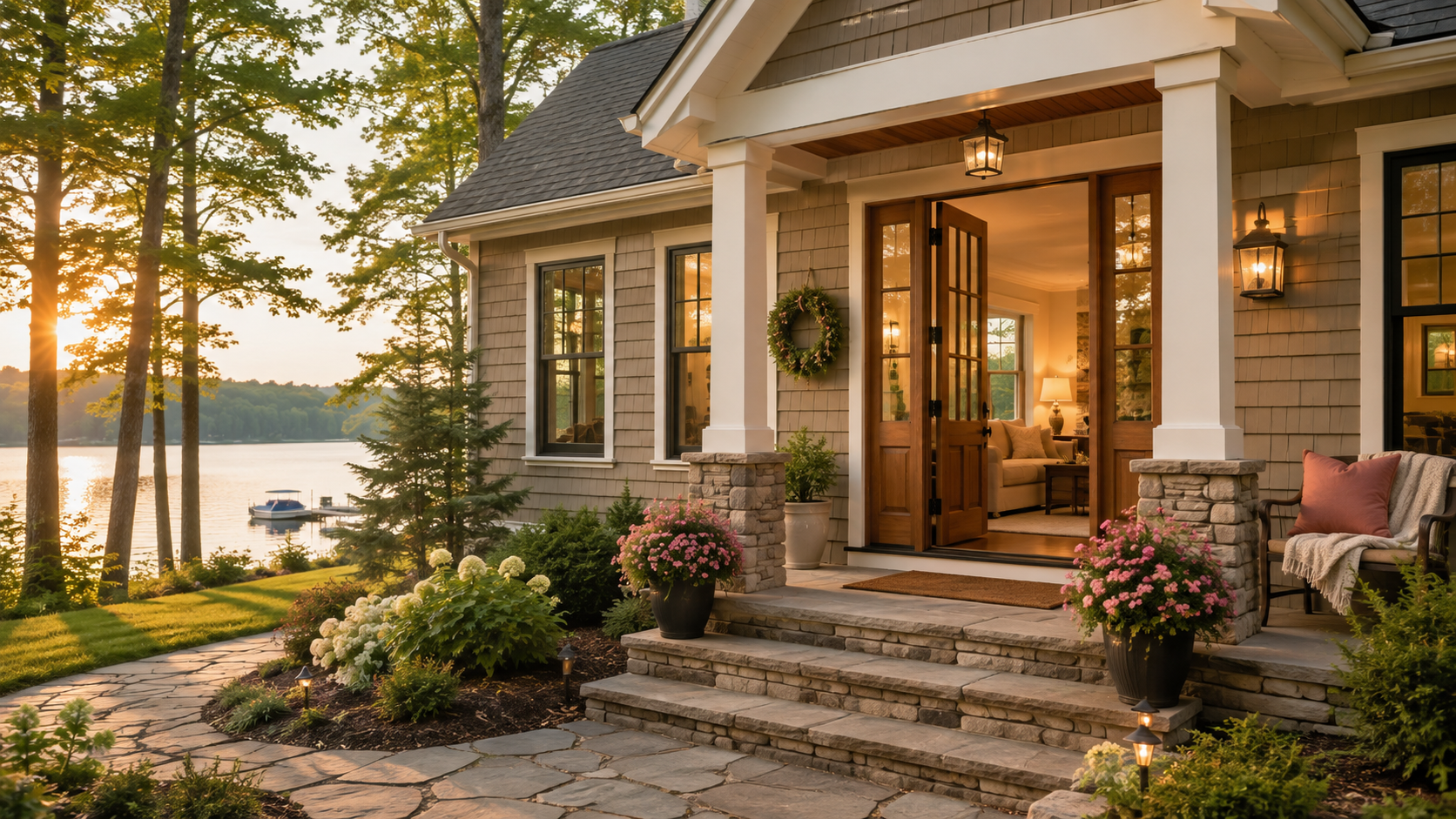 Front porch of a house with stone steps, potted pink and white flowers, a wreath on the door, and warm interior lighting, overlooking a lake with trees and a boat in the background during sunset.