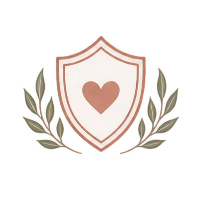 Shield with heart at center, surrounded by olive branches.