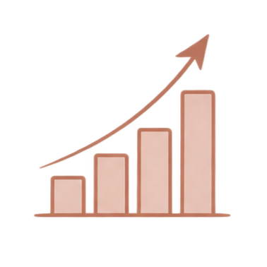 Bar graph with four ascending pink bars and an upward trending arrow.