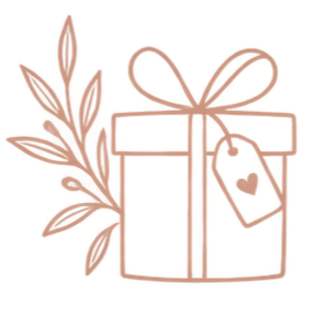 A simple illustration of a gift box wrapped with a bow, decorated with a sprig of leaves.