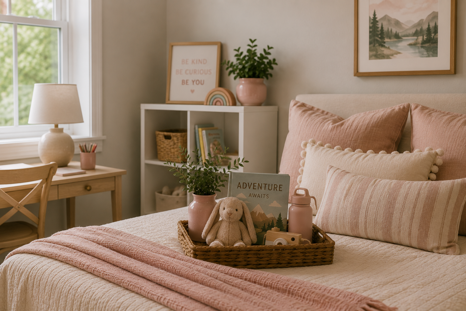 A cozy bedroom with pink and beige bedding, a tray on the bed with a stuffed bunny, a plant, a water bottle, and a picture book titled "Adventure Awaits". In the background, a white bookshelf holds books, a basket, and a pink pot with a green plant. A framed quote says "Be kind, be curious, be you". A window with natural light is visible on the left, and a wall art painting of mountains and trees hangs above the bed.