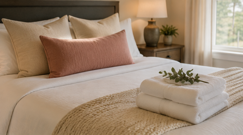 A neatly made bed with white sheets and pillows, including a pink rectangular pillow. Folded white towels with a sprig of green leaves are placed on a beige textured blanket at the foot of the bed. There is a wooden nightstand with a lamp, a potted plant, and a window with curtains in the background.