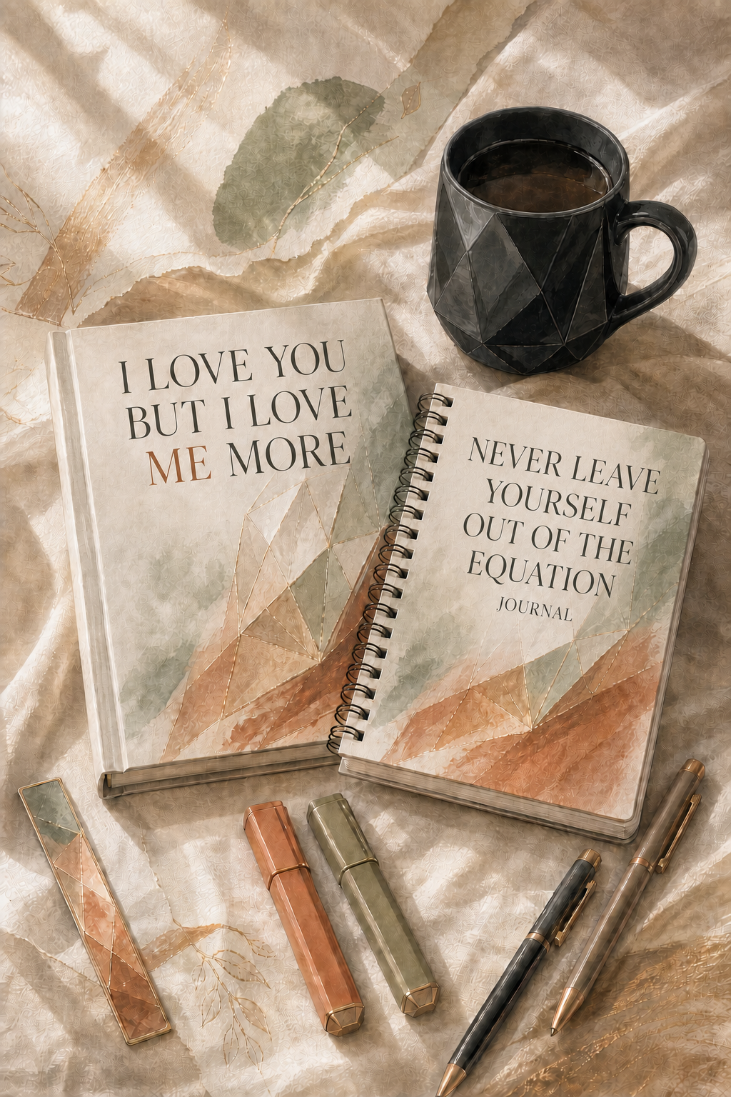 Illustrated still life of journals and keepsake objects from the collection