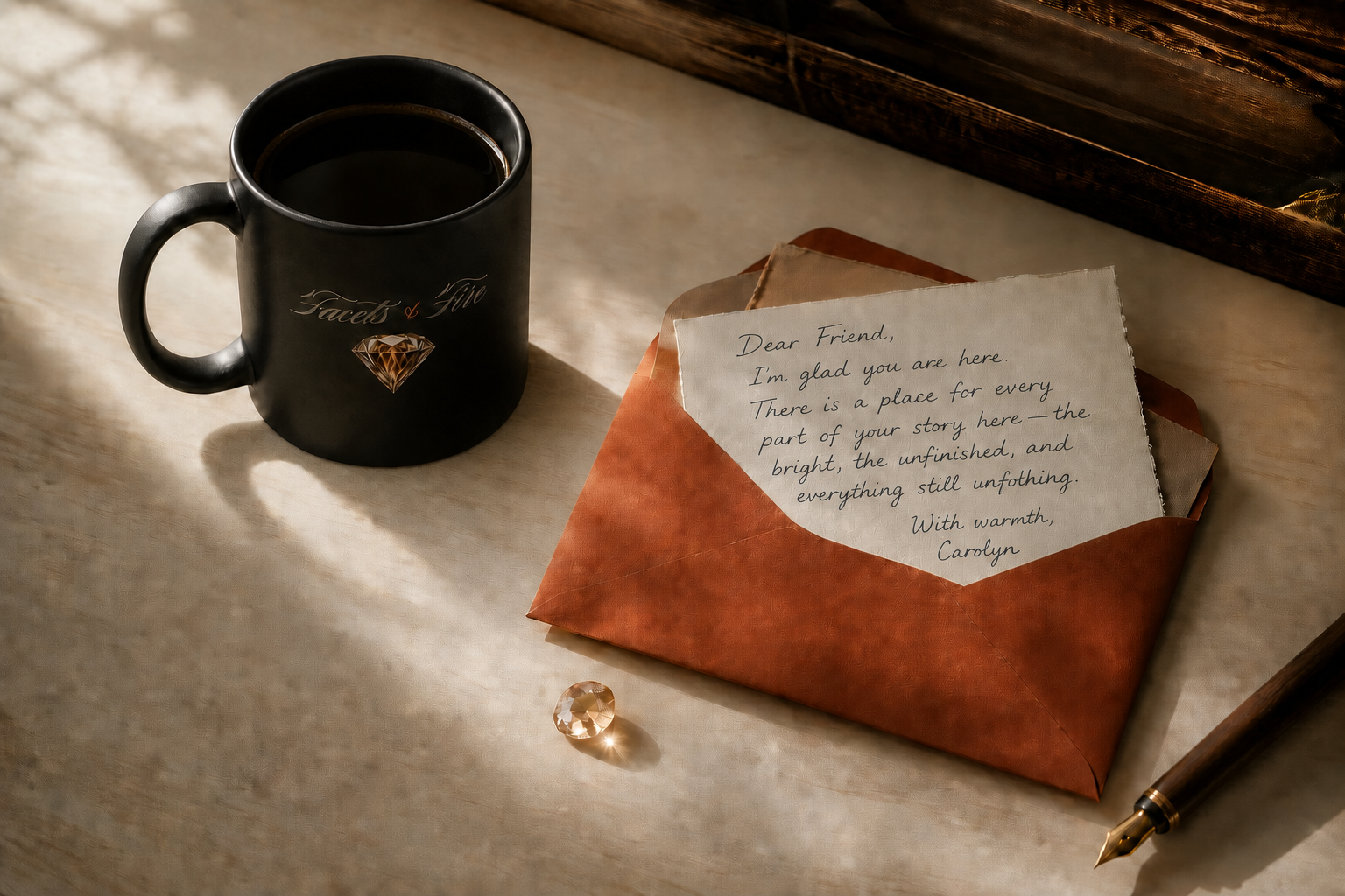 A black coffee mug, a terracotta envelope, and a handwritten letter signed "With warmth, Carolyn," with a small diamond resting beside it.