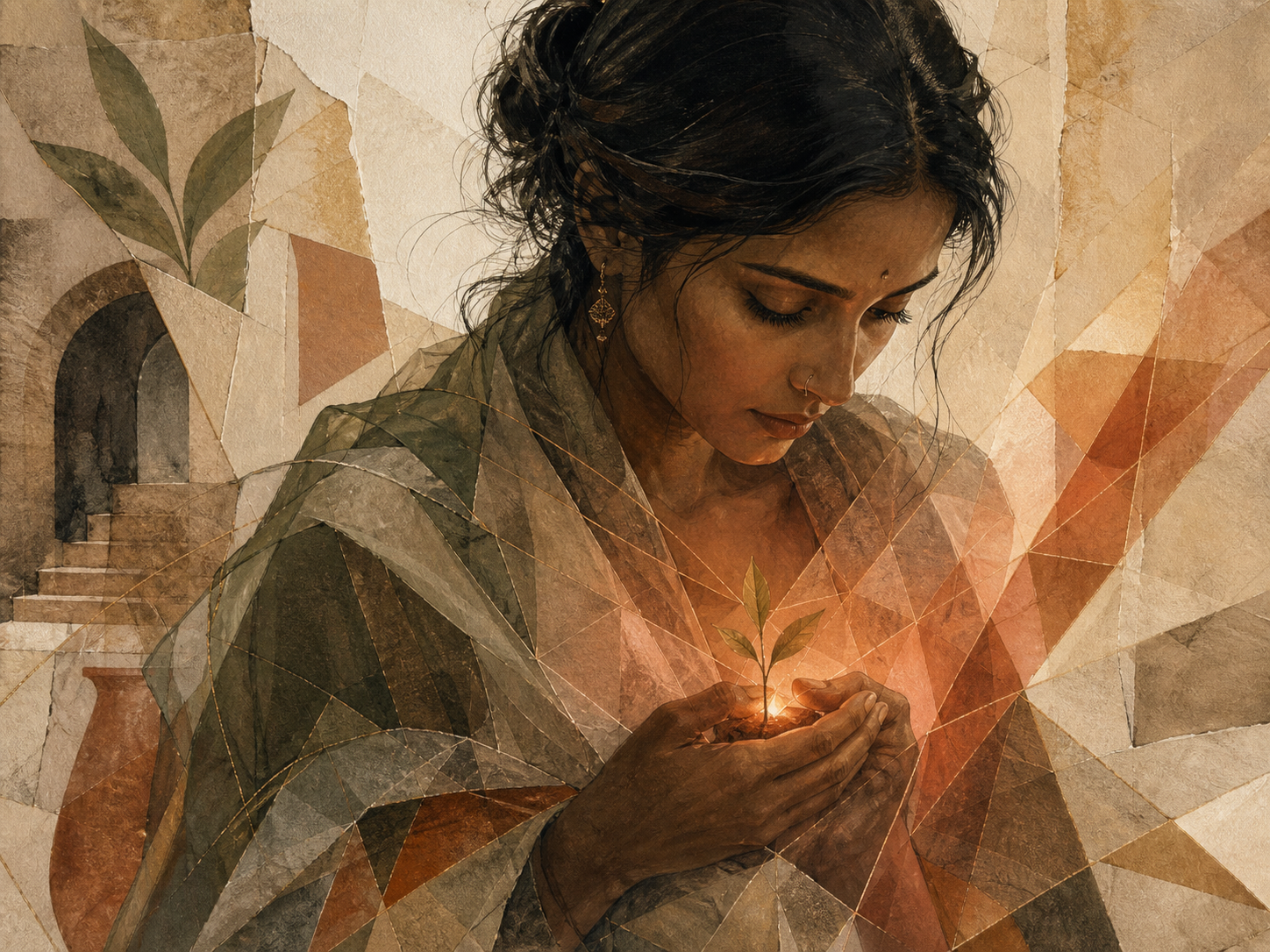Faceted editorial illustration of a woman cupping a small flame in her hands, for What Is Ready to Catch Fire?