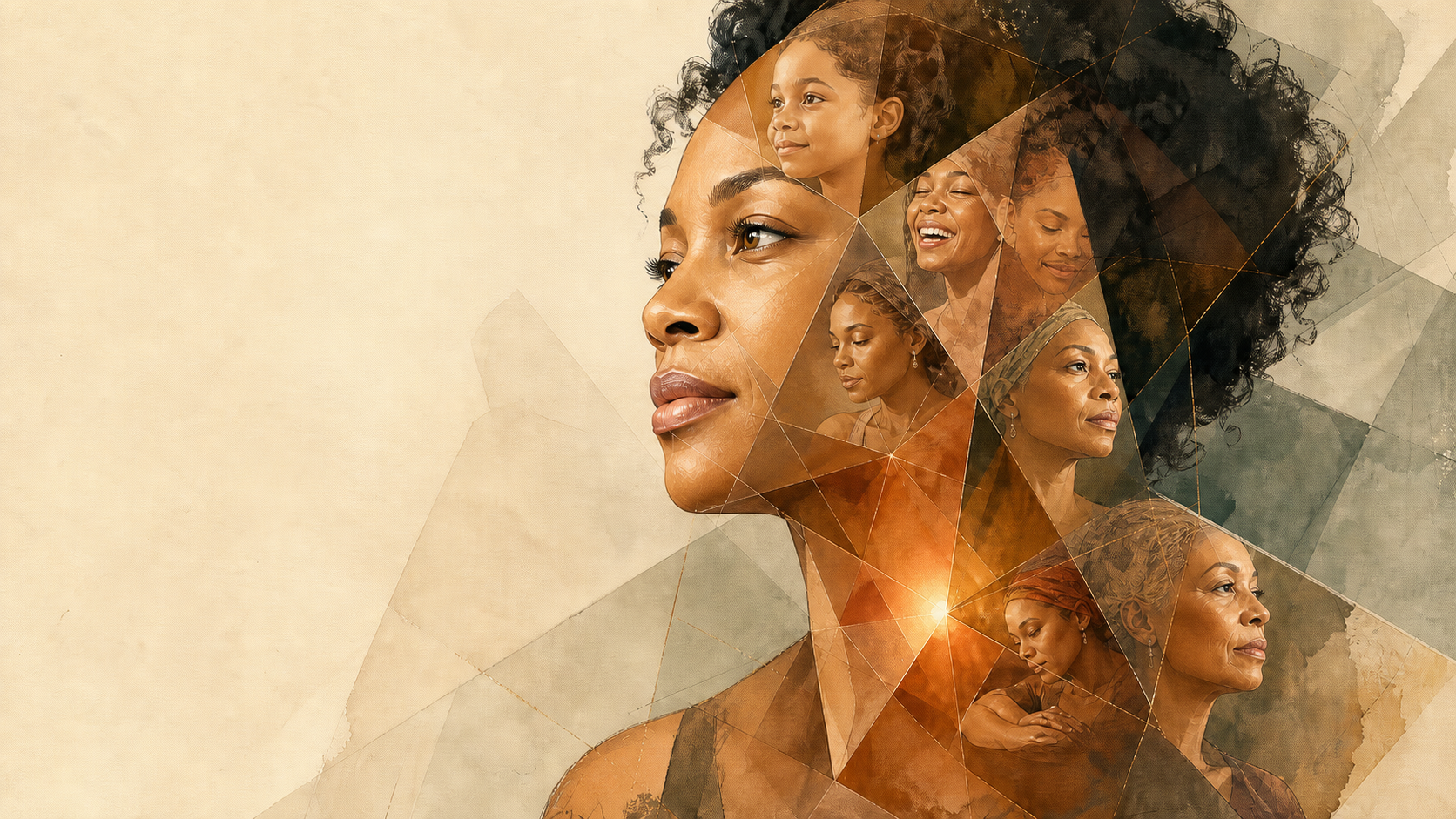 Faceted illustration of a woman whose layered profile reflects the many experiences that shape one life.