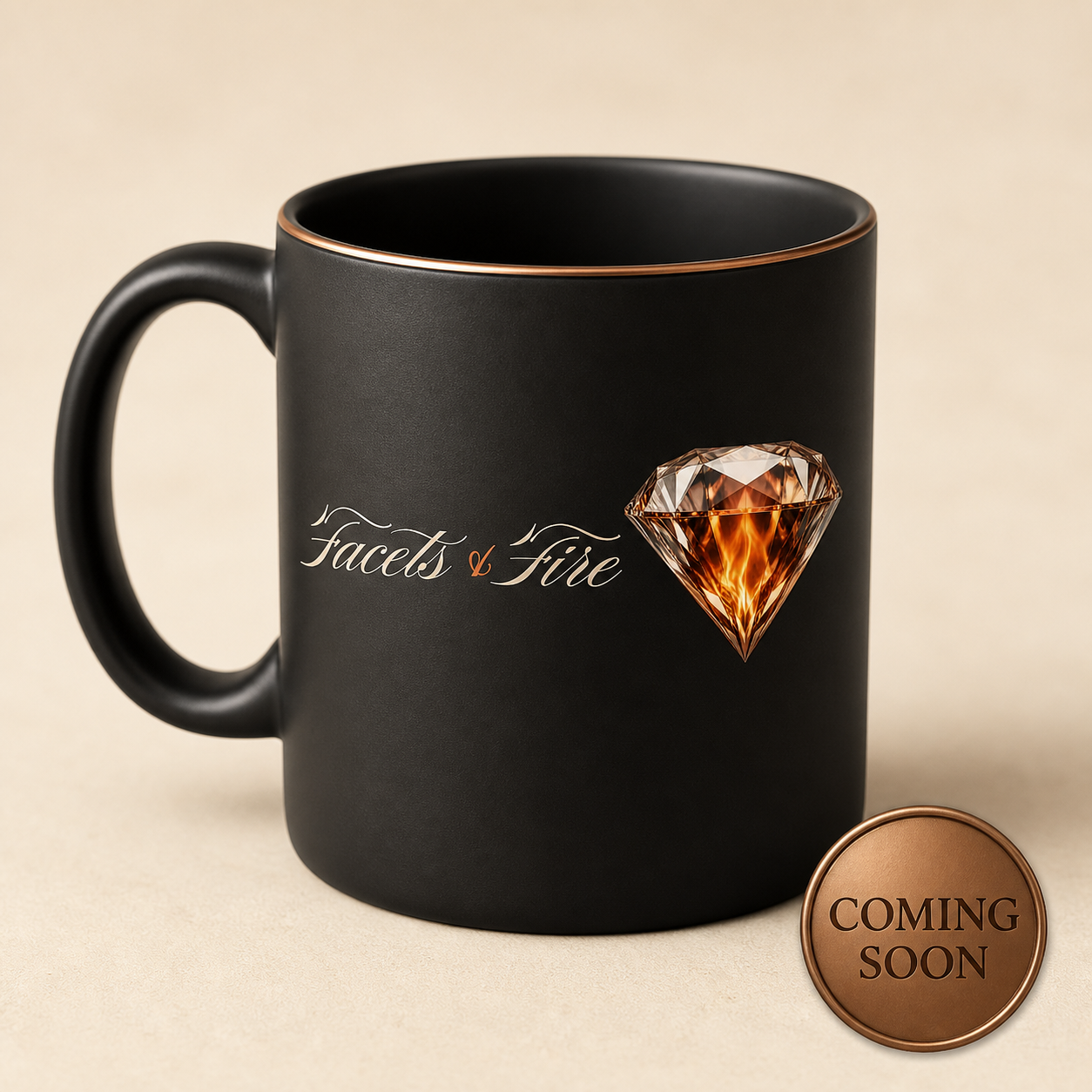 Facets & Fire branded black mug with a faceted diamond logo and gold rim. Coming soon.
