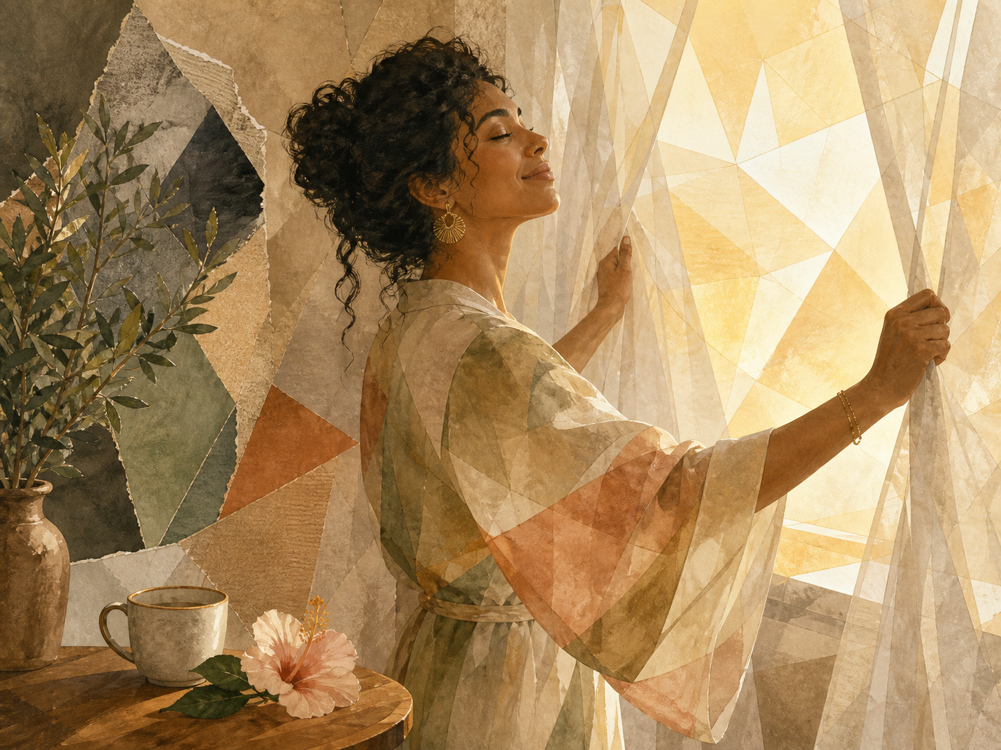 Faceted editorial illustration of a woman opening curtains to let in the light, for Let Joy Arrive Without an Explanation