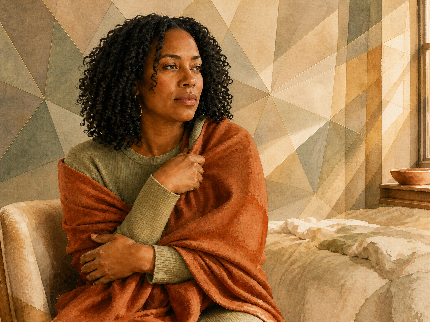 A contemplative Black woman wrapped in terracotta fabric sits beside a window as light travels across a faceted wall.