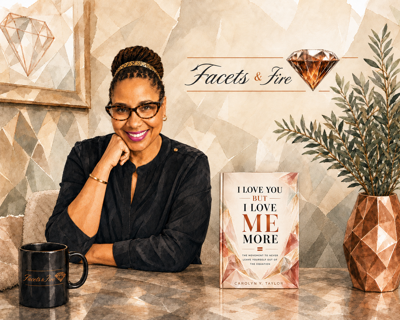 Illustrated portrait of Carolyn Y. Taylor, founder of Facets & Fire, seated with her book I Love You But I Love Me More, a branded coffee mug, and a plant.