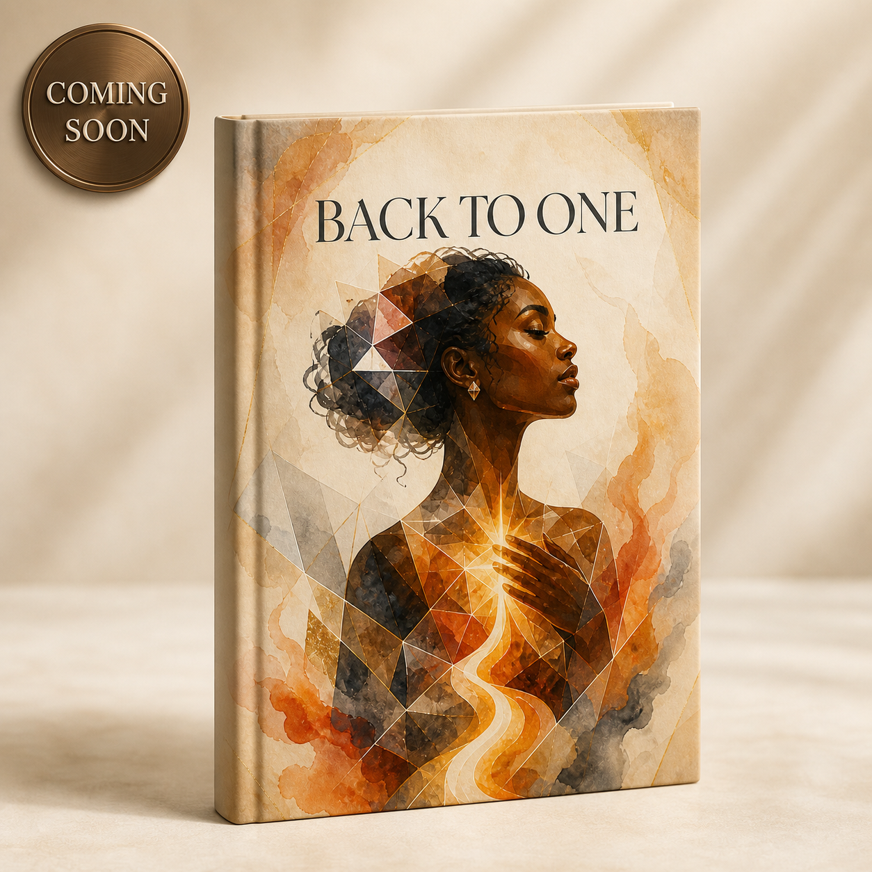 Cover of "Back to One," a forthcoming book, showing a faceted illustrated portrait of a woman with her hand over her heart. Coming soon.